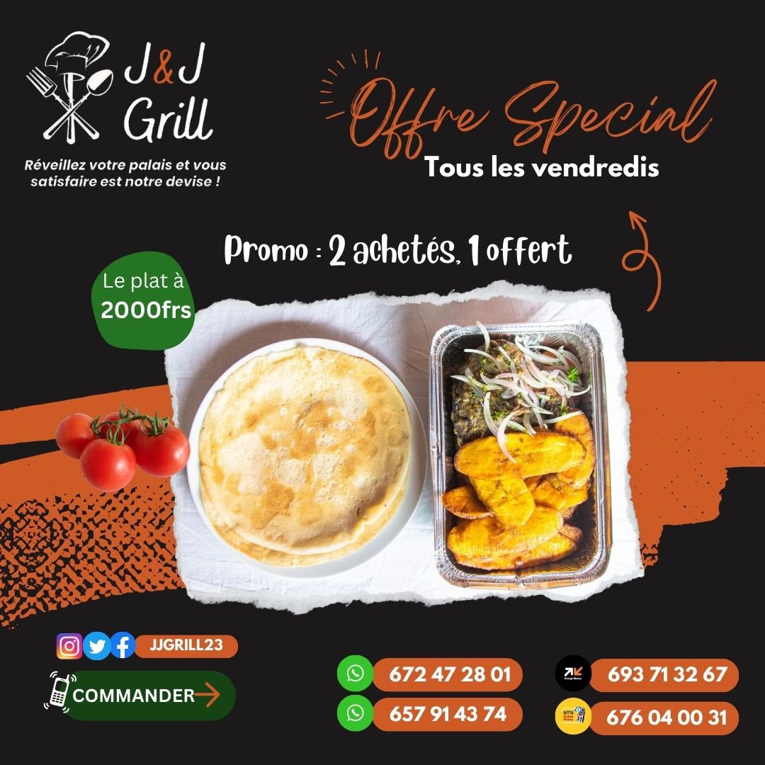 jjgrill23's tweet photo. #Jjgrill  RETWEETS 🥹

On vous présente désormais chaque VENDREDI le :  #VendrediPartage📌

🚨🚨 𝟬𝟮 𝗣𝗹𝗮𝘁𝘀 𝗮𝗰𝗵𝗲𝘁𝗲́𝘀 𝟬𝟭 𝗣𝗹𝗮𝘁 𝗢𝗳𝗳𝗲𝗿𝘁 🚨🚨

☎️: 657914374 [https://t.co/MQVvOYDSAT ] ou inbox 📥 
📍: Livraison Partout à douala : Lundi-Samedi 12h-18h

1/2 👇🏽 https://t.co/Yc296GiF0z