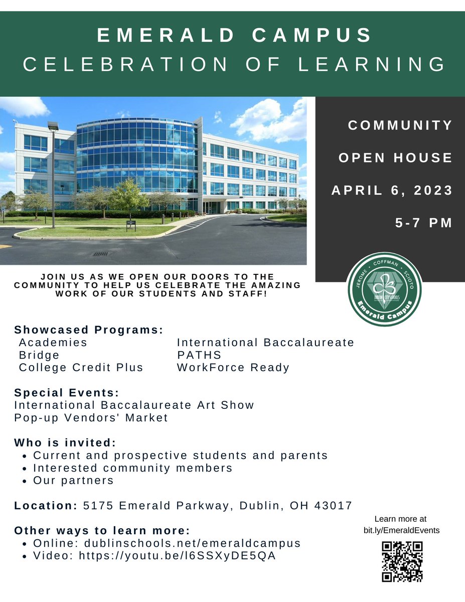 DCSEmerald's tweet photo. We will be having a celebration of learning event next Thursday, April 6th, from 5 to 7pm. Come join us as we open our doors to the community to help us celebrate the amazing work of our students and staff! https://t.co/7c1scBIzaM