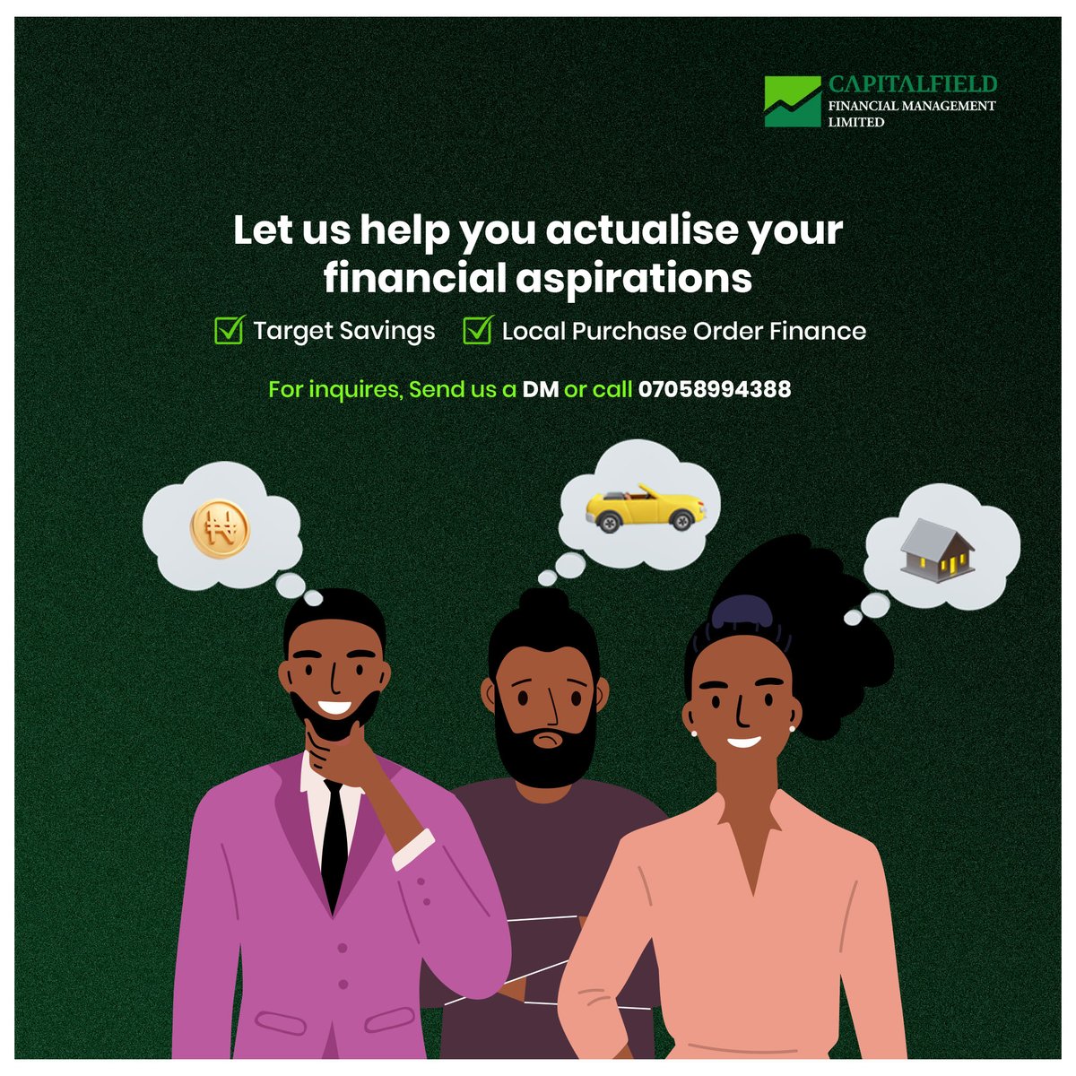 Capitalfieldfml's tweet photo. What is your one major financial goal in 2023? Whatever it might be, Let Capitalfield Financial Management Limited help you actualise your financial aspirations in 2023 and beyond.
DM us today and experience top notch #MoneyManagementGoals
#GetWithCFML #TargetSavings https://t.co/6osBY1ok2X