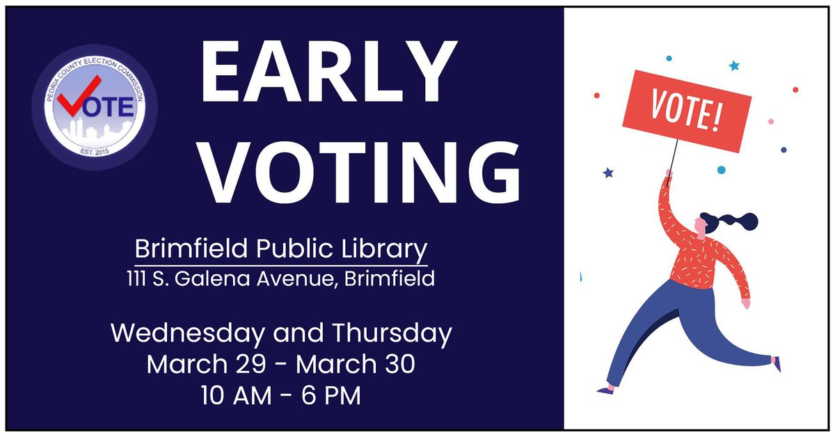 peoriaelections's tweet photo. We're doing two days in the Brimfield Library this week for early voting! Be sure to check out all of your early voting locations and hours at https://t.co/68xhSlBRcx https://t.co/ZjFkSPfIVU