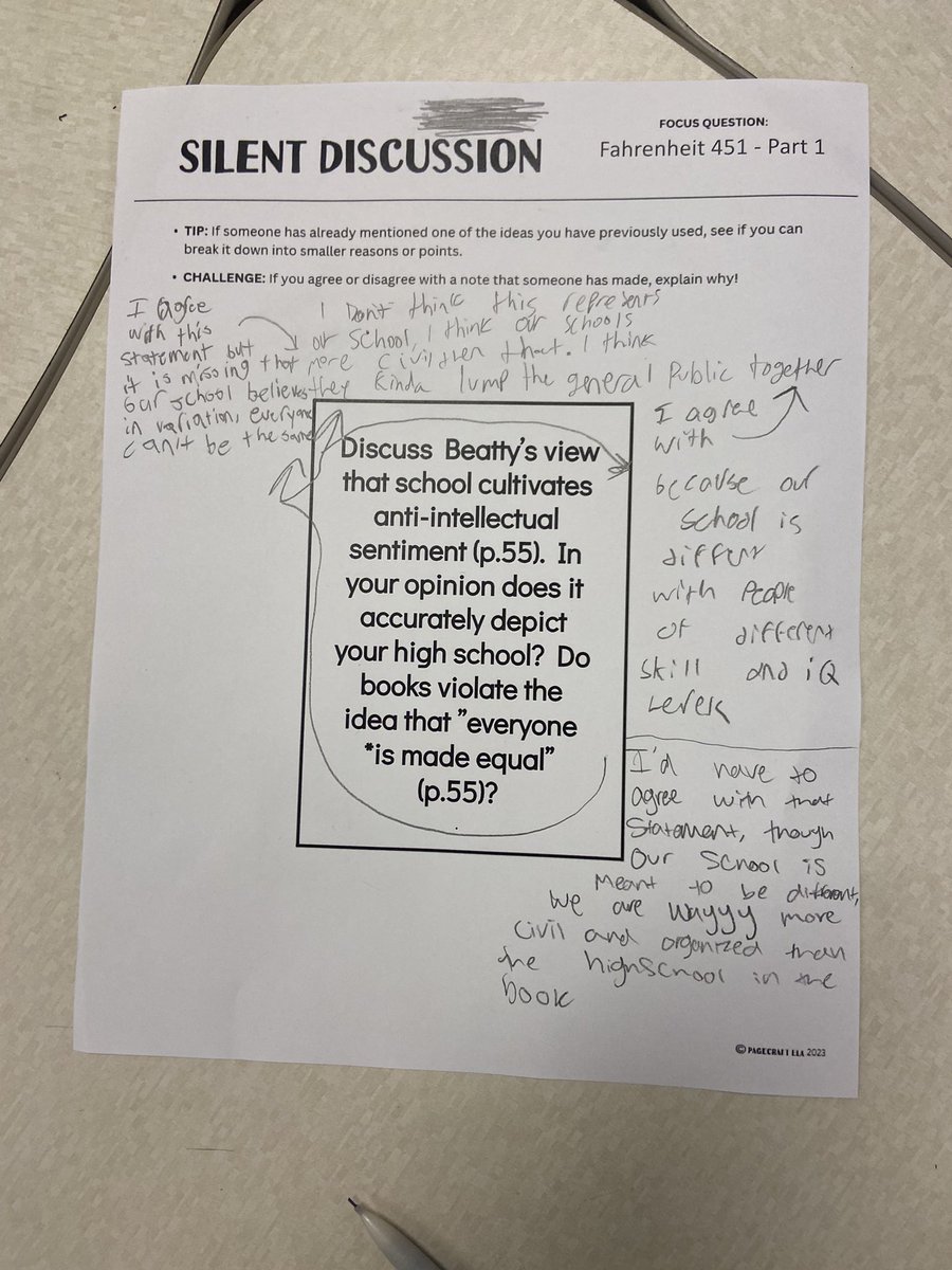 MrsMShep's tweet photo. A silent discussion in Humanities I. Students answered some BIG questions regarding Fahrenheit 451 📚🔥 https://t.co/5EvvOvFpLk