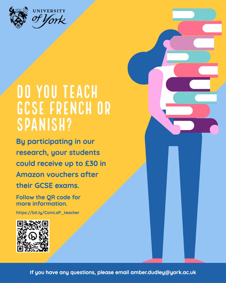 RachelHawkes60's tweet photo. PLEASE RT! Would your **YEAR 11 GCSE FRENCH AND/OR SPANISH PUPILS** in a state school like to take part in a research study this summer and receive up to £30 in Amazon vouchers? If so, please express an interest here: https://t.co/KHFbWhzDUQ #mfl #mfltwitterati #mflchat #langchat https://t.co/4yznERQkhK