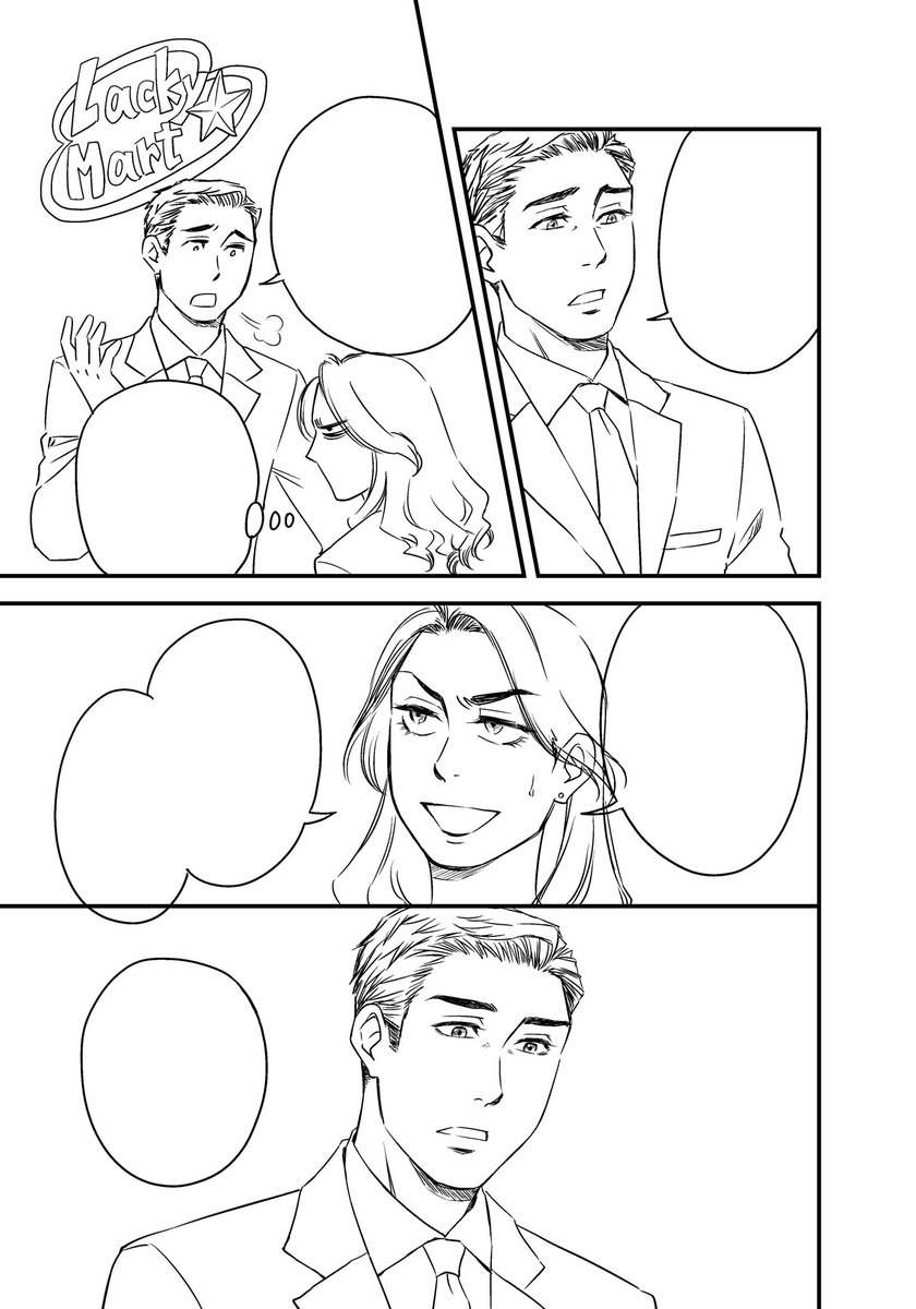 人物ペン入れ11ページ目。ジョージを一応イケメンだけど何かイラっとする感じに描けるように心掛けています。難しいですが。ラッキーマートのロゴにはラッキー君はいません(どうでもいい情報)#りんご畑恋 