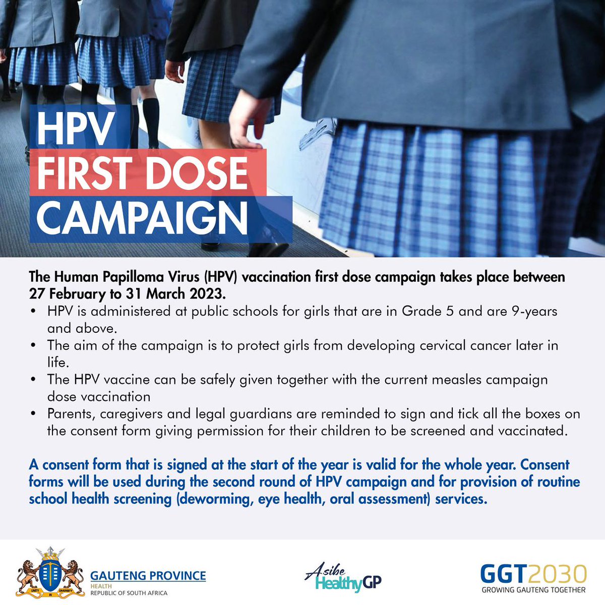 HPV is administered at public schools for girls that are in grade 5 and are 9 years old and above.  Parents, caregivers and legal guardians are reminded to give consent for their children to get vaccinated.
#AsibeHealthyGP #HPVVaccination