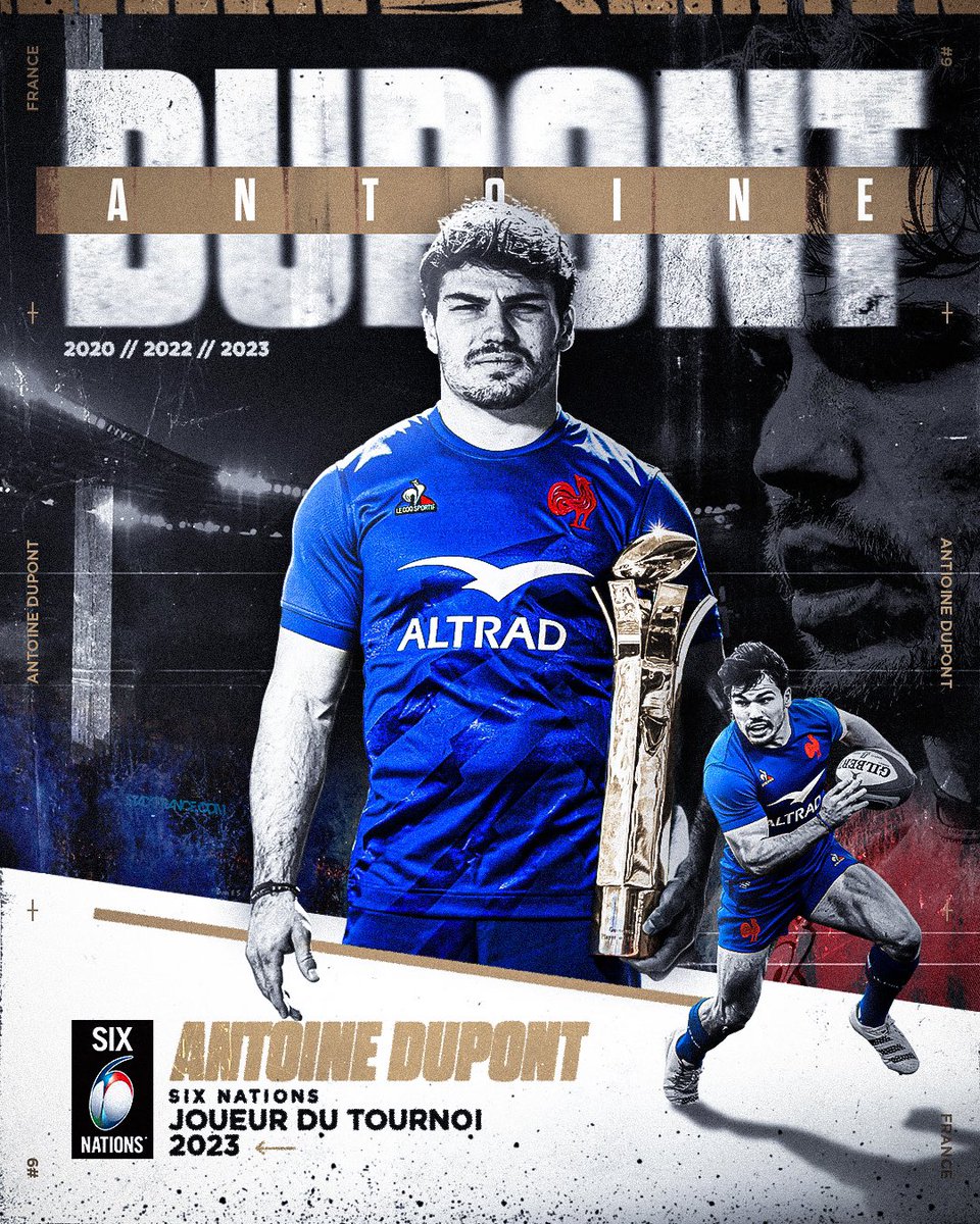 SixNations_FR's tweet photo. 𝐀𝐍𝐓𝐎𝐈𝐍𝐄 𝐃𝐔𝐏𝐎𝐍𝐓 est le Joueur du Tournoi des Six Nations 2023 🏆

Il égale ainsi le record de Brian O’Driscoll en remportant ce trophée pour la 3e fois 👏

Bravo @Dupont9A 🇫🇷 https://t.co/5YXjI1SPJk