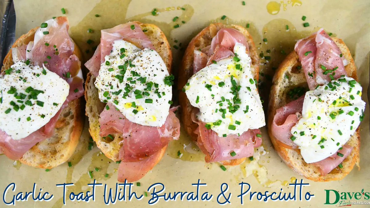 DavesMarketRI's tweet photo. This weeks featured recipe is a fan fave: Garlic Toast with Burrata &amp; Prosciutto! How is something that seems so simple BURSTING with so much flavor? Watch our recipe video to find out! #GarlicToast #Burrata #Prosciutto #FeaturedRecipe #DavesMarketplace https://t.co/M0OCvga7j5 https://t.co/6WROLw3646