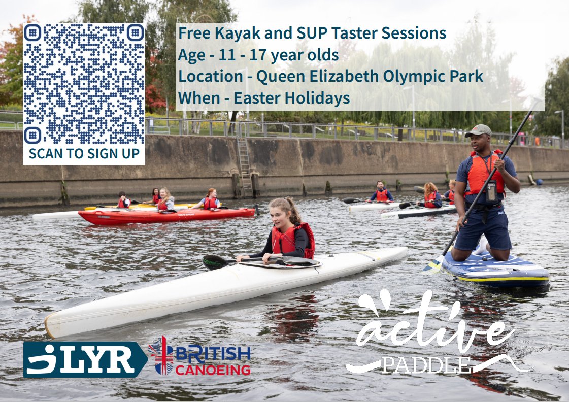 Join us this Easter Break at @noordinarypark for FREE Kayak and SUP Taster Sessions! We are so keen to share our #ActivePaddle Programme in partnership with @BritishCanoeing. Scan the QR code below to sign up and join in the fun on the water #schoolholidays #freeactivities