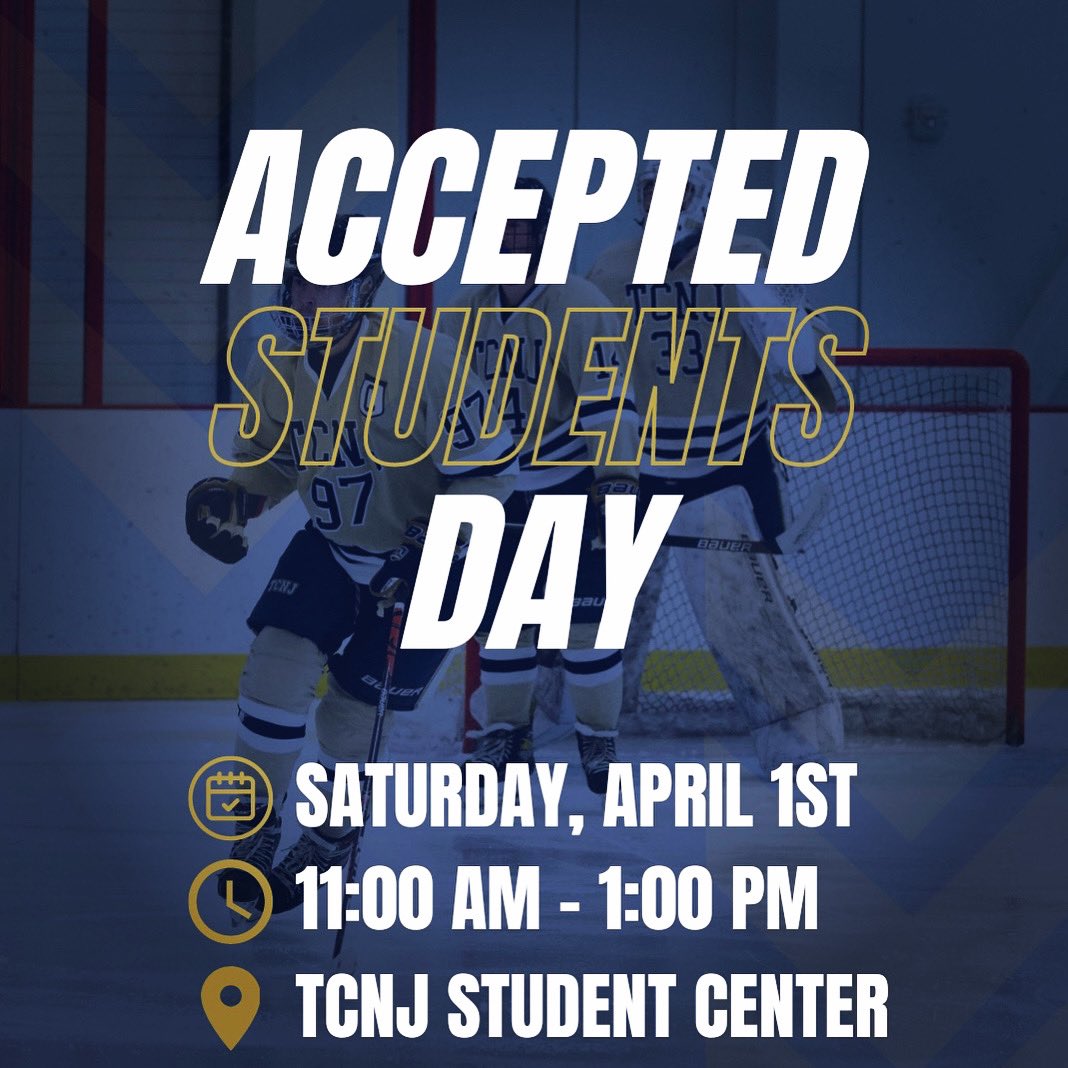 tcnjhockey's tweet photo. We will be setup in the Brower Student Center for Accepted Students Day this Saturday, April 1st from 11am to 1pm. Come on by and talk to the staff! #tcnjhockey #tcnj #lionpride #tcnjoin https://t.co/CBfbbfMCRC