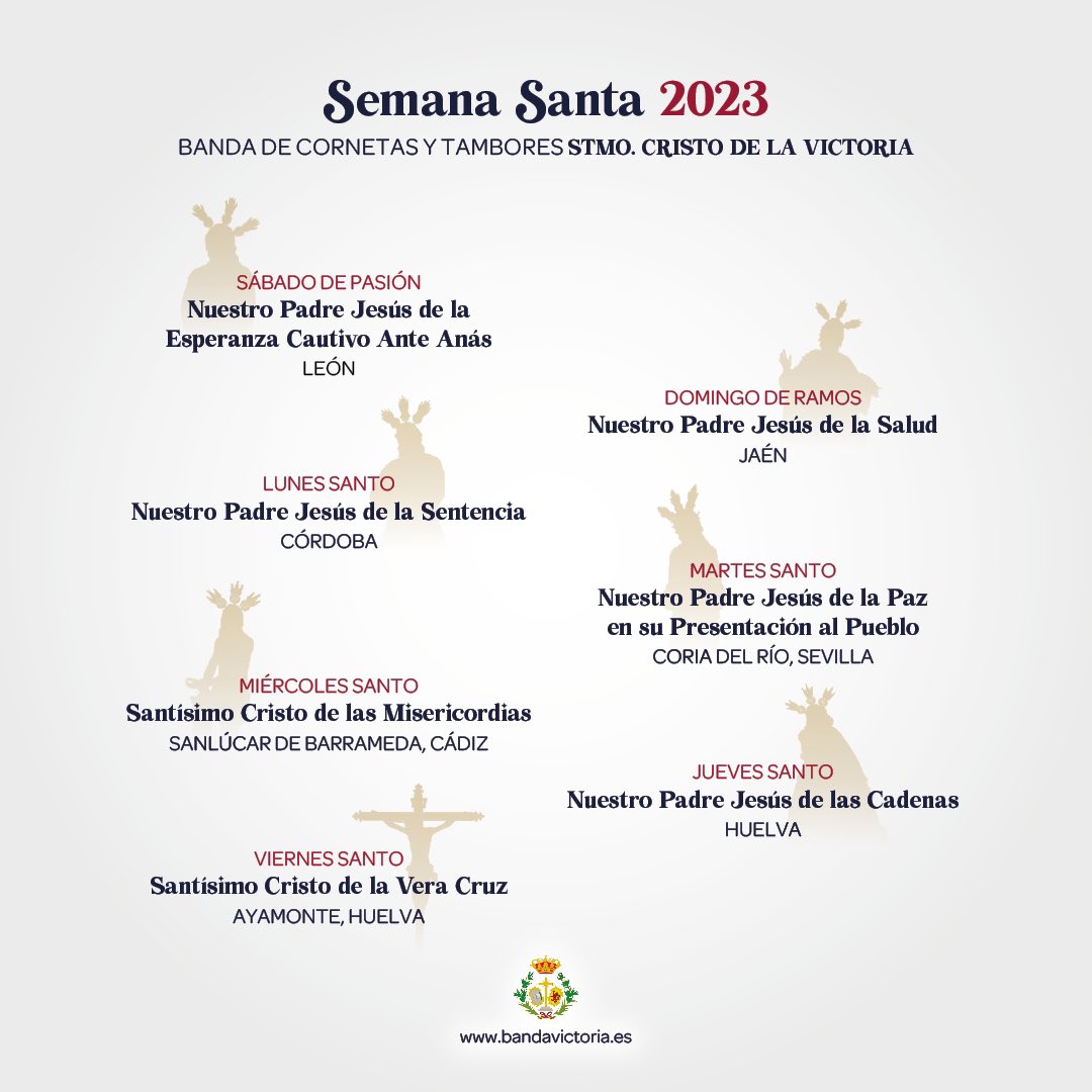 bctvictorialeon's tweet photo. 𝐒𝐄𝐌𝐀𝐍𝐀 𝐒𝐀𝐍𝐓𝐀 𝟐𝟎𝟐𝟑

Sábado de Pasión - @j_sacramentado 
Domingo de Ramos - @Saludypazjaen 
Lunes Santo - @Hdad_Sentencia 
Martes Santo - @Hdad_SanJose 
Miércoles Santo - @Hdadolores 
Jueves Santo - @HdadJudios 
Viernes Santo - @SoledadAyamonte https://t.co/Qr0hjCmerM