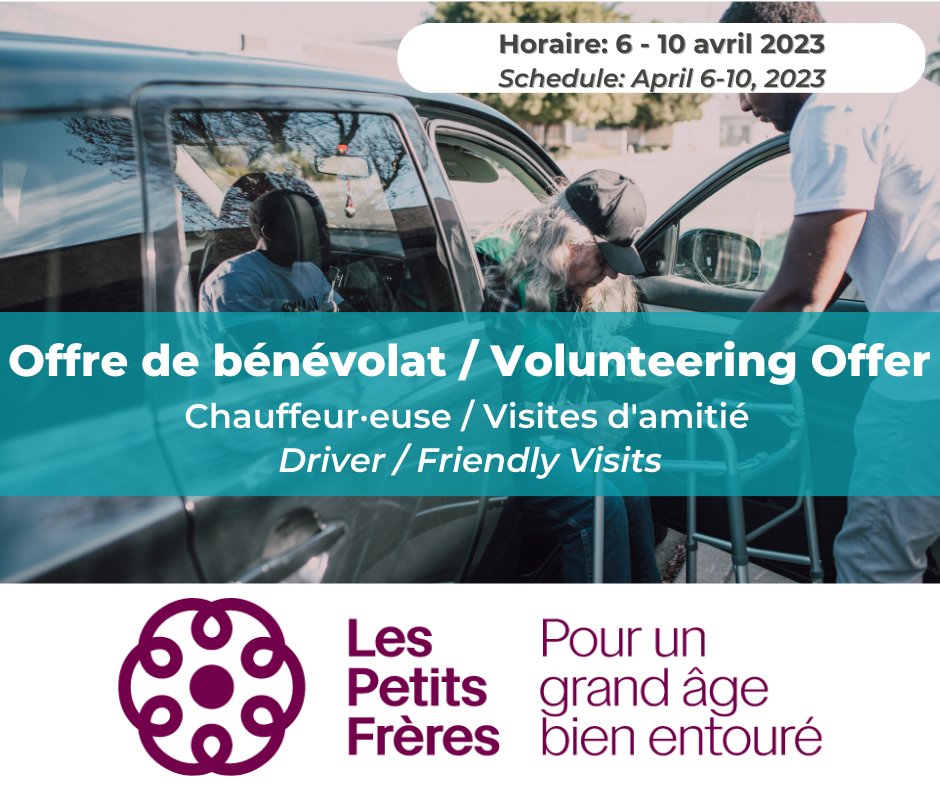 Benevolat's tweet photo. [Offre de bénévolat🌟]
Pendant la fin de semaine de Pâques🐣, les @pfquebec cherchent des bénévoles pour amener les personnes aînées aux différents lieux des événements et pour les visites d’amitié. Pour voir l'offre: https://t.co/N5zlTOnnFz https://t.co/745UUNfaYk