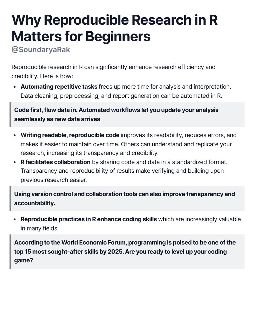 Want to enhance your research efficiency and make your findings more accessible? #ReproducibleResearch in R can help! Automate tasks, improve code quality and collaborate easily. Boost transparency and credibility with documented workflows. #ResearchTips #Rstats