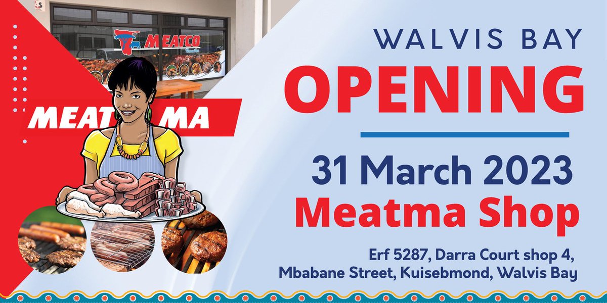 Meatco_Namibia's tweet image. Please join us at Darra Court,  Shop no. 4, Mbabane Street, Koeldrankfontein Area, Kuisebmond, for our first MeatMa Shop Opening in the Erongo Region this coming Friday, 31 March 2023 from 09:00!! #opening #affordability
#MeatMa: The Plate of Plenty!!
#Meatco4Nam Welcomes You!!