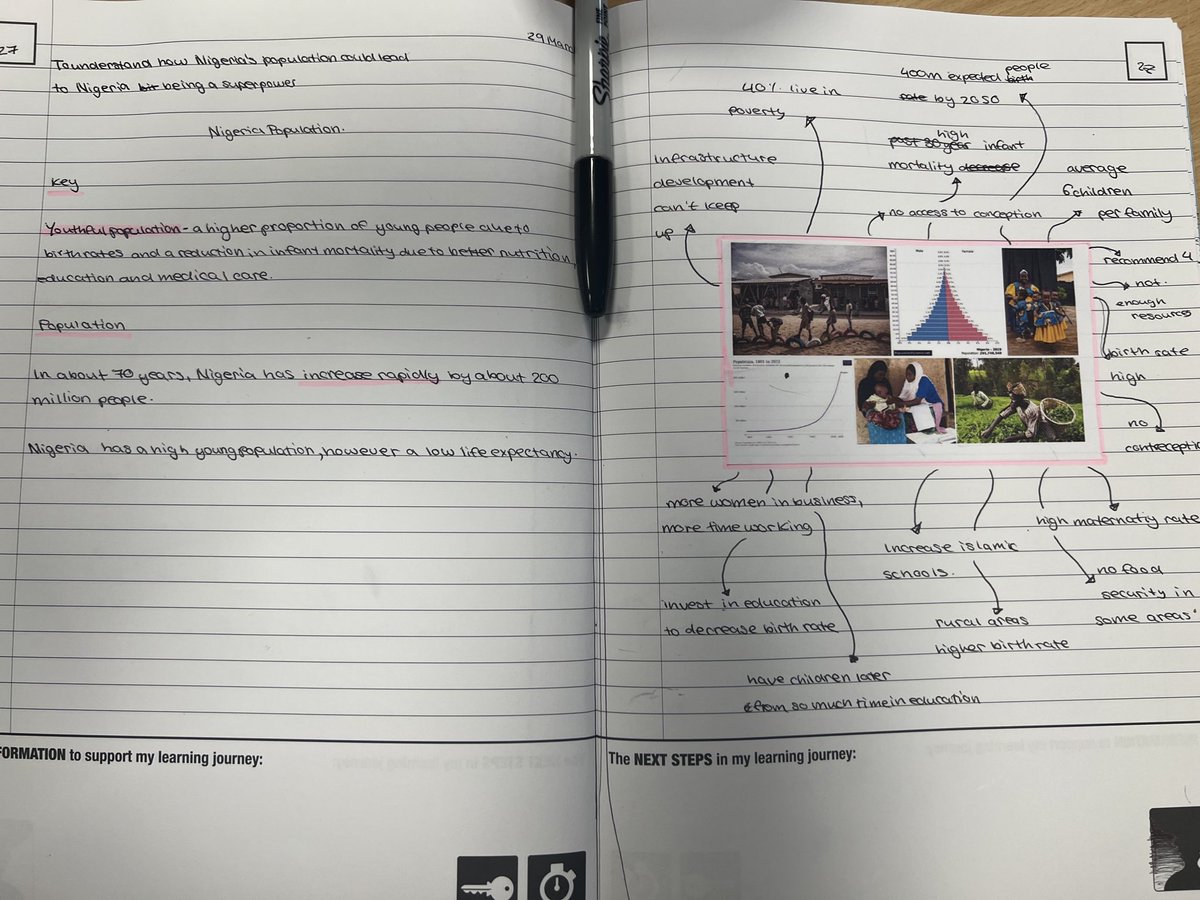 ChorltonTeach's tweet photo. Part of y9 Geography Superpowers SOW they have been investigating Nigeria’s crewmen and future status. Today was about population. They listened to a podcast by national geographic and annotated images with notes from it. They then decided if this could impact superpower status https://t.co/VroVJFYrTn