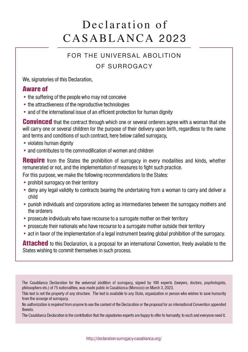 CasaDeclaration's tweet image. Here is the text of the Declaration of Casablanca for the universal abolition of surrogacy, which was signed on Friday mars 3 by 100 experts from 75 nationalities.
#SurrogacyAbolition #Stopsurrogacy
✔️In English, Spanish and French
declaration-surrogacy-casablanca.org