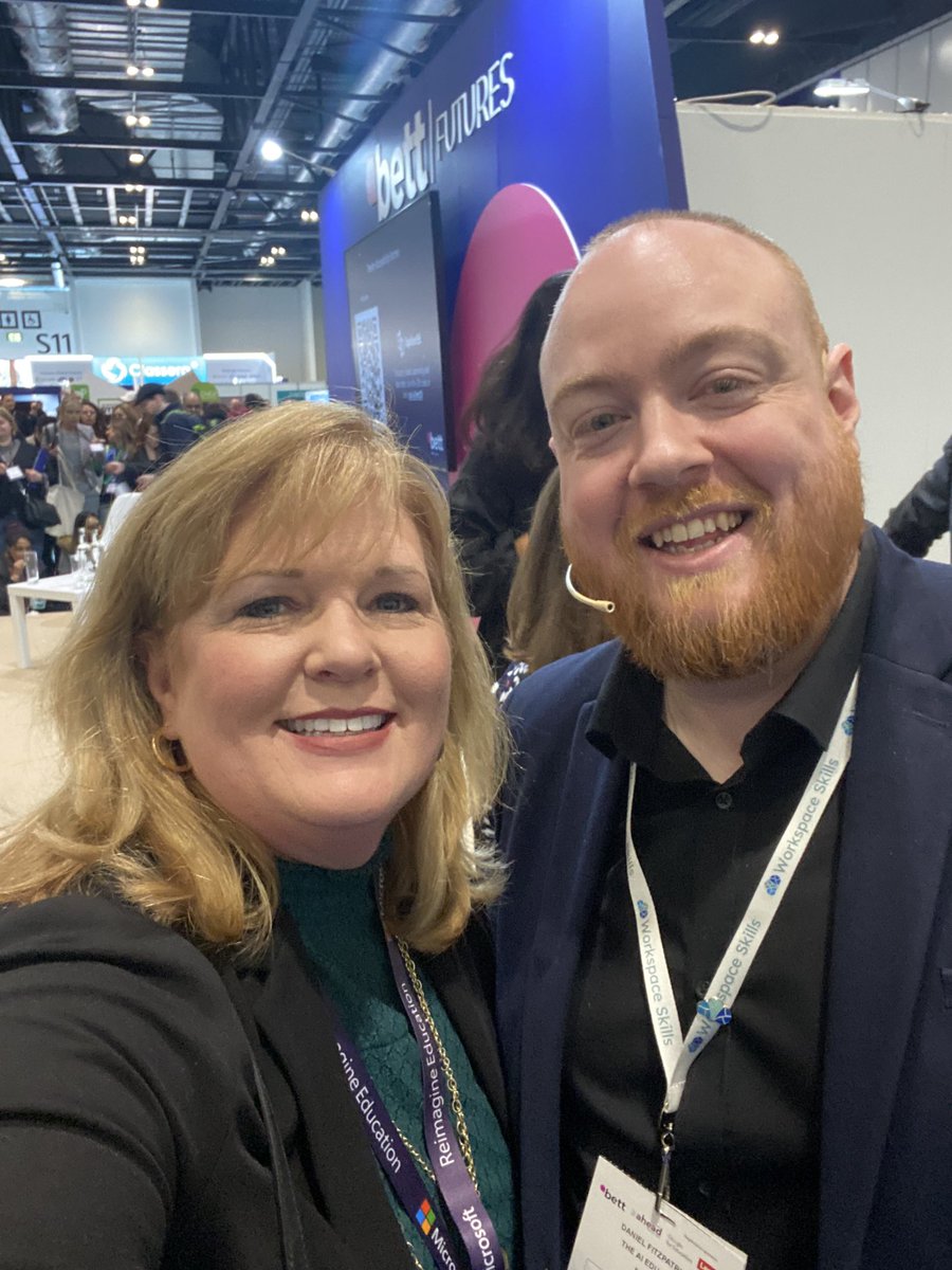 JenWomble's tweet photo. Thrilled to be engaging in conversations at #BETT about the evolving role of #AI in education with @DanFitzTweets 🇬🇧 
Fantastic session on  #artificialintelligence with an eye to how #edtech can leverage #AI tools to frame content &amp; personalize pedagogy.
#edchat #ChatGPT https://t.co/xbOEczksGE