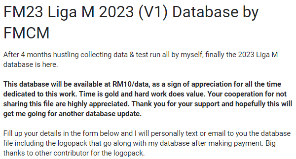 _naufalnizar's tweet photo. 30/3/23 at 3.00pm, the 2023 Liga M database by FMCM will officially release.
Refer to the link & image below to make your purchase. Thank you for all your support and hopefully this will not end here.
https://t.co/NXuA4ZB2w6
@twtFM_MY #FM23 #FMCM #FMMalaysia https://t.co/Np4RhFUAtN