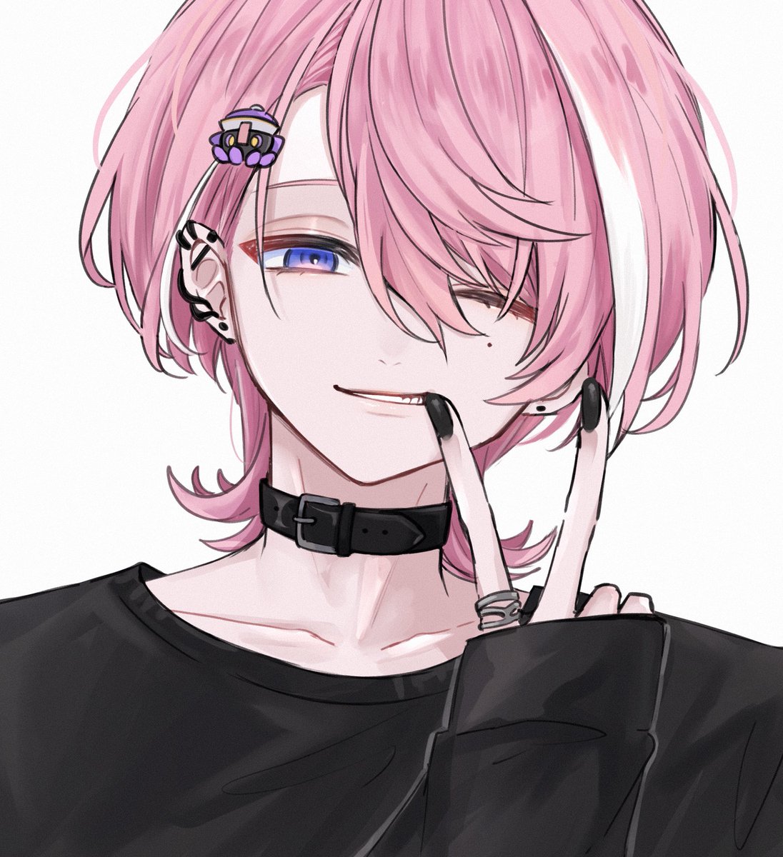 1boy pink hair male focus one eye closed black nails solo jewelry  illustration images