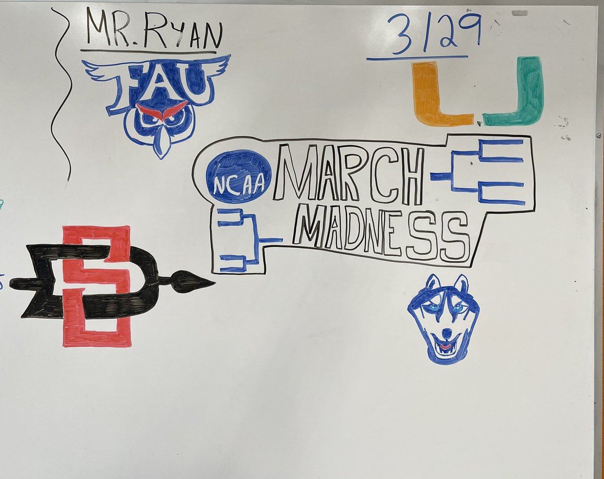 Saturday….
Only four teams left. 4 classes still in the hunt to win March Madness!
FAU - Thorsen
Miami - Sleeper
San Diego State - Robshaw
UCONN - Kriegsman