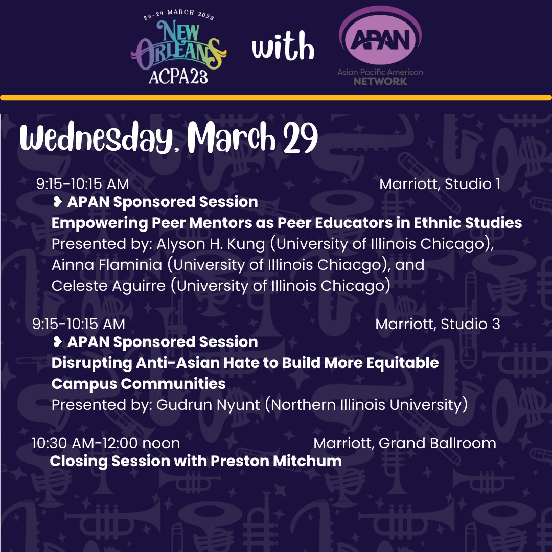 Good morning, #ACPA23! Join us on this last day at:
💜 APAN Sponsored Session: Empowering Peer Mentors as Peer Educators in Ethnic Studies 
💜 APAN Sponsored Session: Disrupting Anti-Asian Hate to Build More Equitable Campus Communities 
✨ Closing Session with <a href="/PrestonMitchum/">Preston D. Mitchum</a>