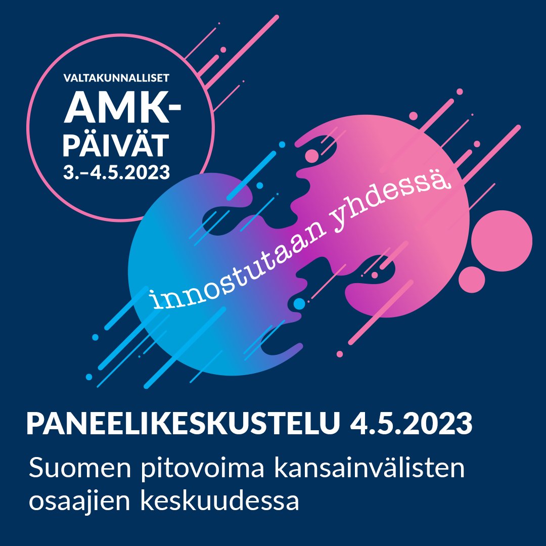 Torstaina 4.5. päästään seuraamaan yhtä AMK-päivien paneelikeskustelua "Suomen pitovoima kansainvälisten osaajien keskuudessa".

Tutustu panelisteihin paremmin AMK-päivien nettisivuilla▶️bit.ly/3FRIUPu

#amkpäivät #amkpäivät2023 #innostutaanyhdessä #laureauas