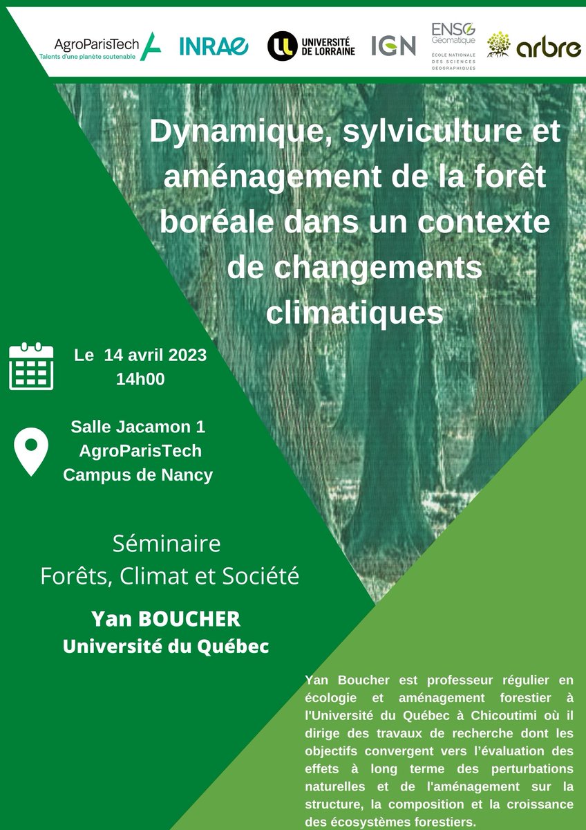 #communiqué nouveau séminaire Forêts Climat et Société avec Yan Boucher <a href="/UQAC/">UQAC</a> le 14 avril à 14h @apt_nancy sur la dynamique, sylviculture et aménagement de la #forêt boréale dans contexte changement climatique suivra à distance bit.ly/40ru5LQ