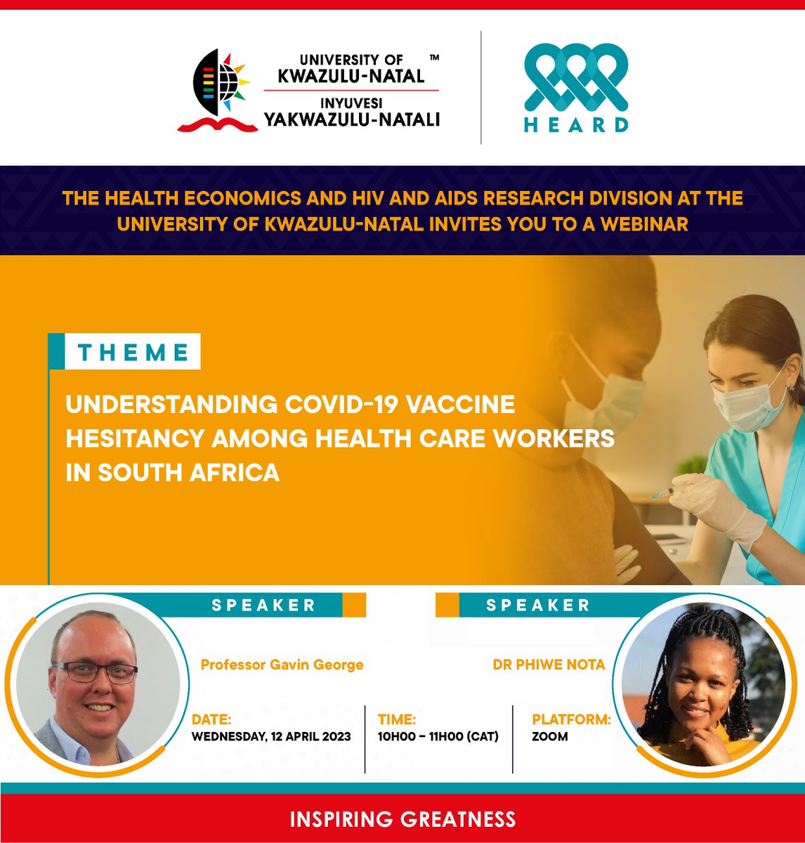 DRILL-UKZN (@drillukzn) on Twitter photo Join <a href="/HEARD_UKZN/">HEARD Research</a> for the Understanding COVID-19 Vaccine Hesitancy Among Health Care Workers in South Africa webinar with Prof Gavin George & <a href="/NotaPhiwe/">PhiweNota, PhD📚✍️🤓🇿🇦</a>
Date: Wednesday, 12 April 23
Time: 10h00-11h00 CAT
Zoom link: bit.ly/3KhSGgI
Meeting ID: 988 5899 9277
Passcode: 945561 Join <a href="/HEARD_UKZN/">HEARD Research</a> for the Understanding COVID-19 Vaccine Hesitancy Among Health Care Workers in South Africa webinar with Prof Gavin George & <a href="/NotaPhiwe/">PhiweNota, PhD📚✍️🤓🇿🇦</a>
Date: Wednesday, 12 April 23
Time: 10h00-11h00 CAT
Zoom link: bit.ly/3KhSGgI
Meeting ID: 988 5899 9277
Passcode: 945561