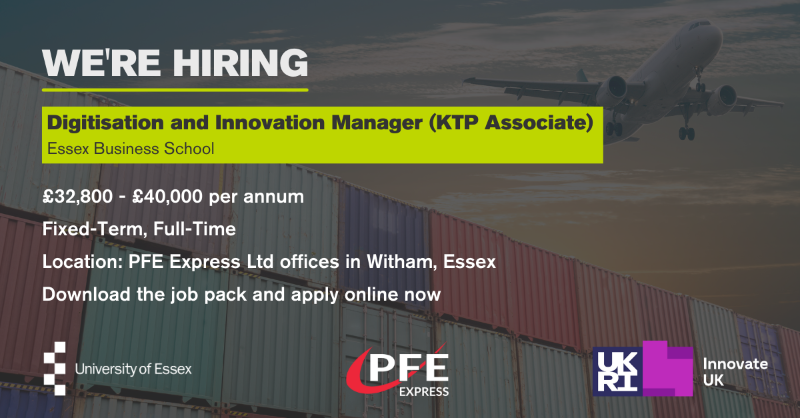 UoE_Business's tweet photo. 🌟 We’re hiring! 🌟 We’re looking for a Digitisation and Innovation Manager (#KTP Associate) for partnership between the @Uni_Of_Essex  @Essex_EBS and international freight forwarding company @PFEExpressLtd.

Download the job pack to find out more! 👇