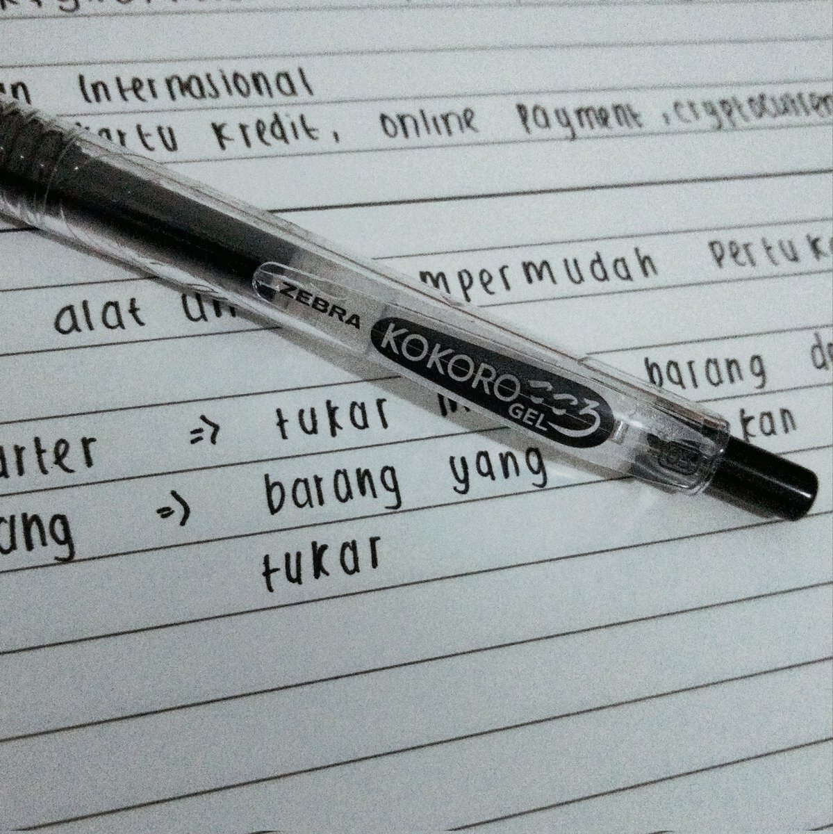 harii ini belajar ekonomii bab alat pembayaran, inii first timee pake pulpen kokoro, sukaaa banget 🤩🤍