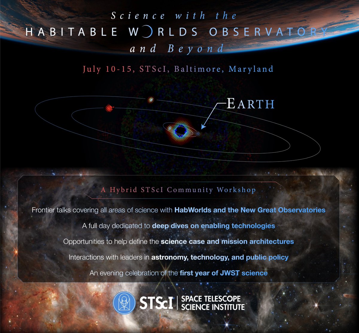 NewGreatObs's tweet photo. Join us for the first conference on the Habitable Worlds Observatory and beyond, including all three New Great Observatories. 

July 10-15 @stsci in Baltimore, with fully virtual participation welcome! https://t.co/BqCCJfjy4G