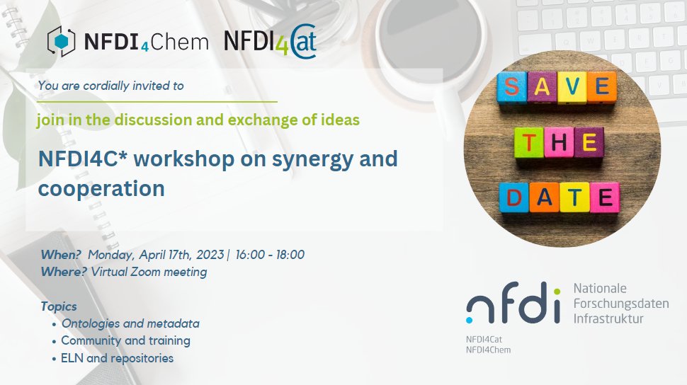 Save the date! Joint event of NFDI4Chem and NFDI4Cat in the spirit of mutual exchange, to forge new collaborations. #Presentation by Dr. Pedro Mendes: “Unravelling the power of small data: tailored approaches for catalyst design”. #Workshops, Discussion. Details tba #chemtwitter