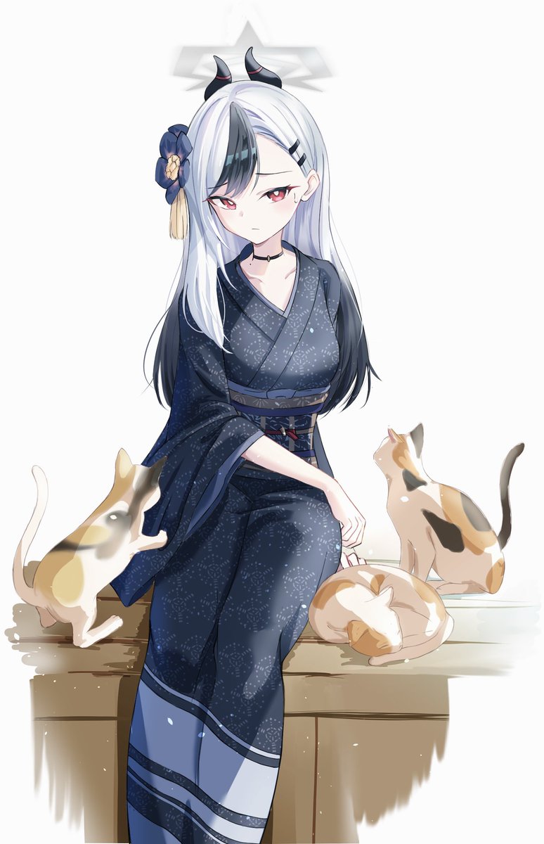 kayoko (blue archive) 1girl kimono horns japanese clothes cat black hair hair ornament  illustration images