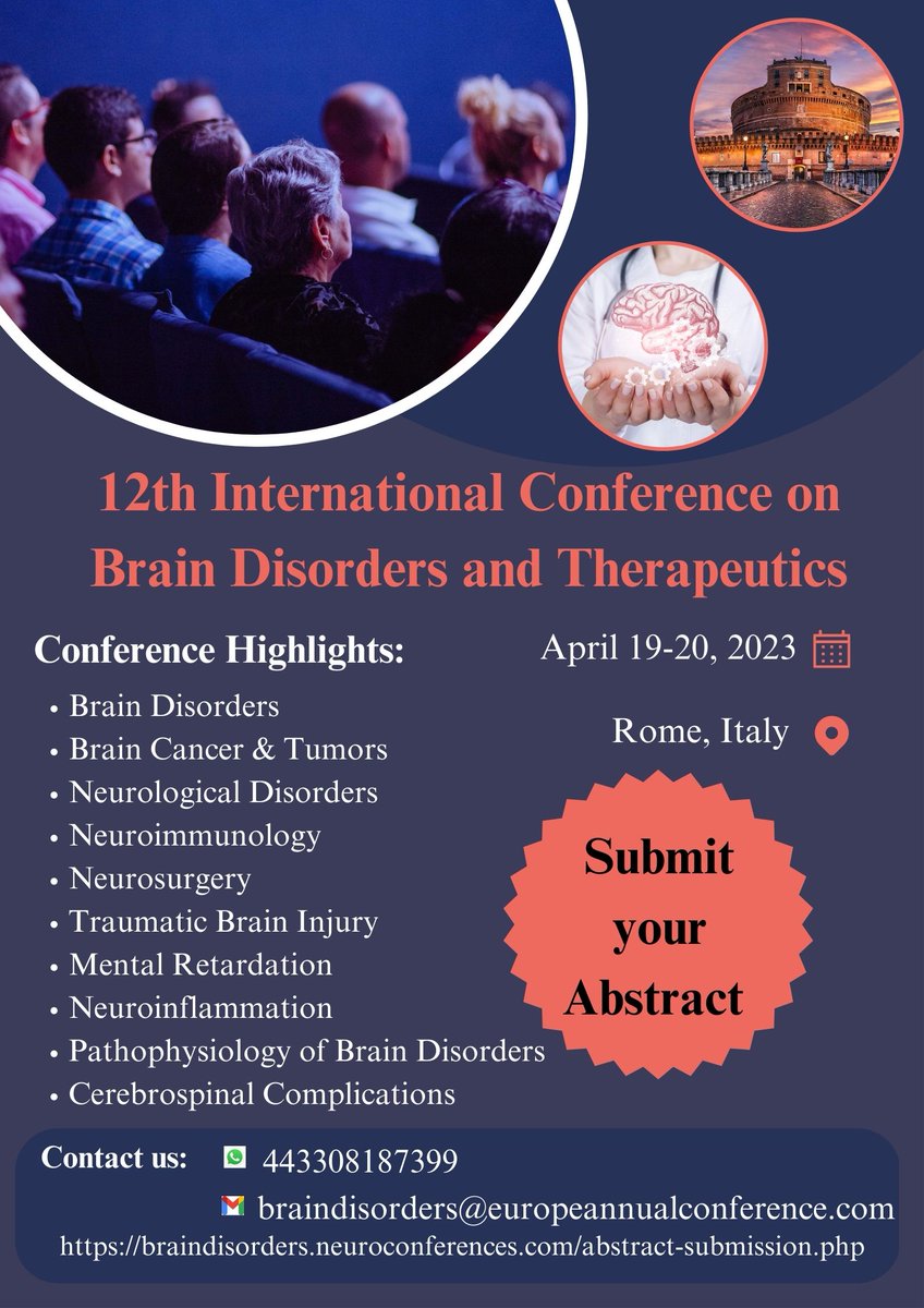 OliviaG15686600's tweet photo. Join us on #Brain_Disorders_2023 conference
Choose your track on #Brain_Disorders #Therapeutics #neurology #medicine #brain #neurosurgery #therapy #neurons #physiotherapy #mindfulness
Whatsapp number: 443308187399
Submit your abstract@ https://t.co/Mr5N3VXHLf https://t.co/Tmkd7VBujC