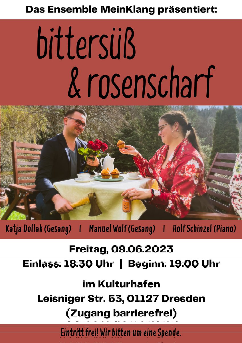 MeinKlang_Ens's tweet photo. Honigsüß, feurig scharf oder doch bitterherb?

Katja Dollak &amp; @manuelwolf gehen in diesem Programm dem Geschmack der Liebe auf den Grund. 

Freitag, 9.6.23
Einlass 18:30 Uhr
Beginn 19:00 Uhr

Im #Kulturhafen
Leisniger Str. 53, 01127 #Dresden

#Konzert #Theater #MeinKlang https://t.co/xqYktxEKO9