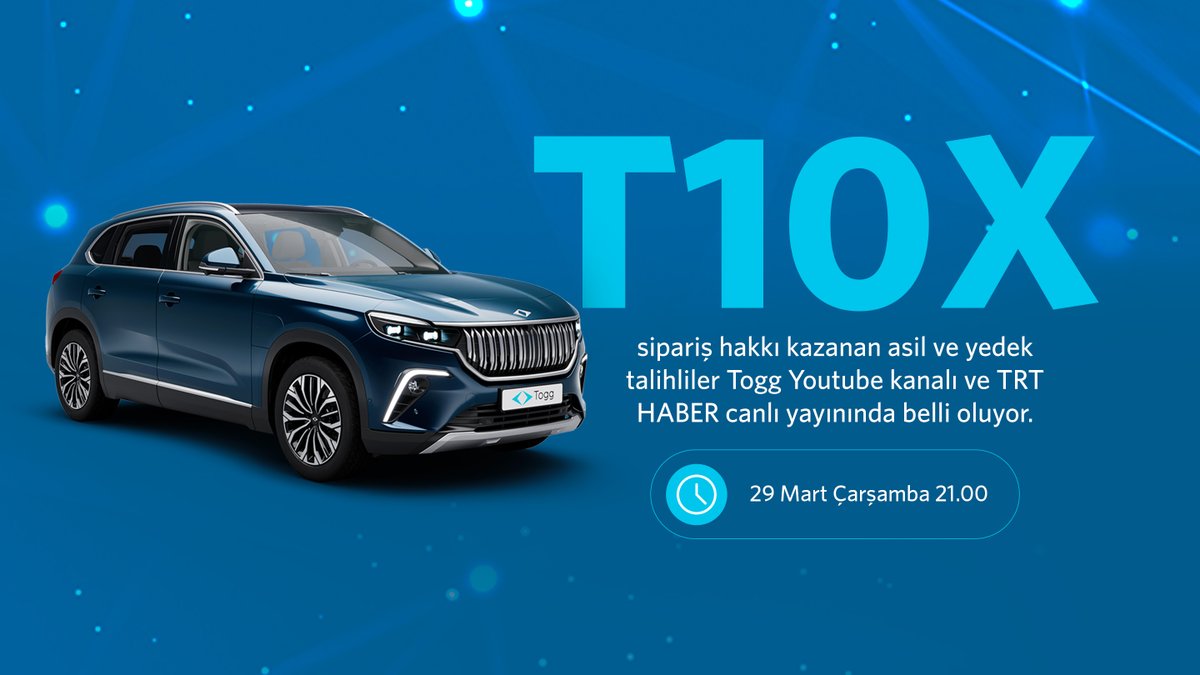 Togg2022's tweet photo. #T10X sipariş hakkı kazanan asil ve yedek talihliler bu akşam saat 21.00'de canlı yayında belli oluyor. Canlı yayını YouTube kanalımızdan (https://t.co/xqB9kPTeZG) ve TRT Haber'den takip edebilirsiniz.

#Togg https://t.co/iF053scefa