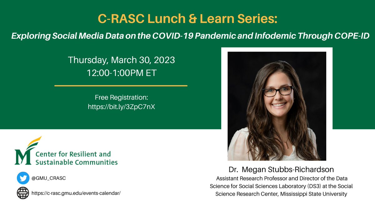 STAR_TIDES's tweet photo. Tomorrow, Mar. 30, at 12pm ET, join @GMU_CRASC's next segment of their Lunch and Learn Series featuring Dr. Megan Stubbs-Richardson from @msstate. The topic is: “Exploring #SocialMedia #data on the #COVID19 #pandemic and infodemic through #COPEID.” https://t.co/L8GPHTwtHh https://t.co/cgTMWaRf4l