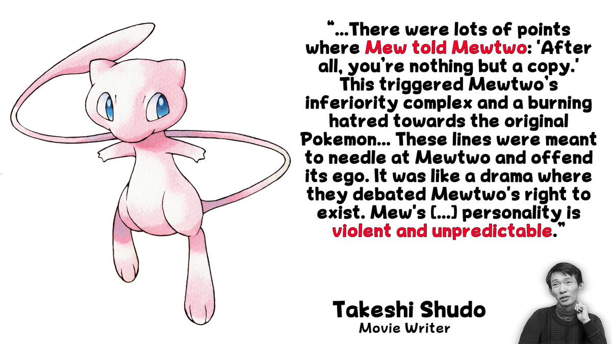 reggie_800's tweet photo. Mew Could Talk:

According to Pokemon The First Movie's writer, in the first draft Mew could talk. Its dialogue got removed in the final draft, but Shudo says Mew's personality is still the same (a prick basically).

More Legendary Pokemon trivia &amp; lore: https://t.co/aKJLZvI8rd https://t.co/3edhezluwd