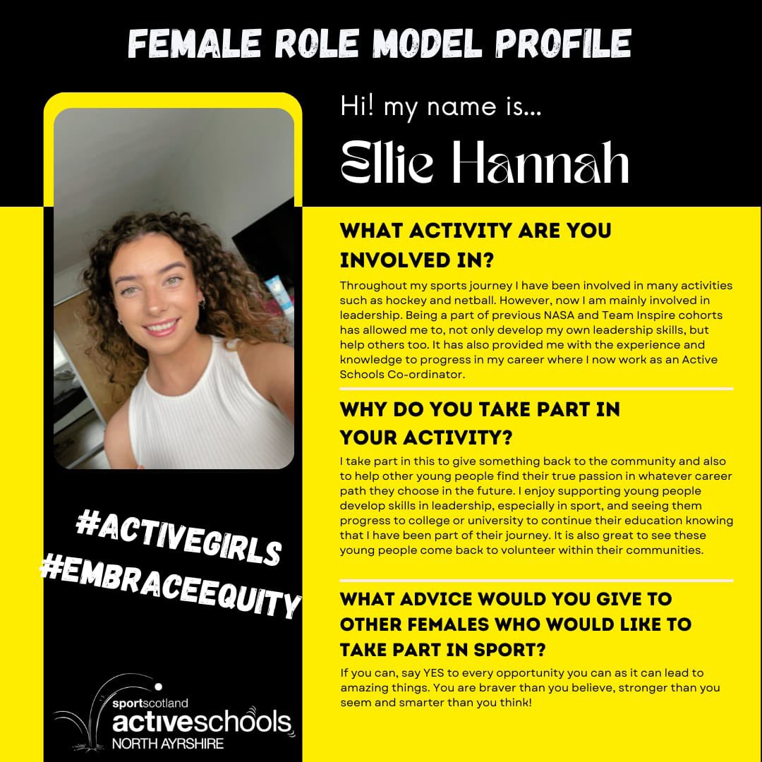 Women and Girls in Sport 💛🖤   Highlighting another female role model in sport.
Ellie’s journey has seen her progress from North Ayshire Sports Academy to Team Inspire @TeamInspire and now Active Schools Co-ordinator 🤟🏻@NAActiveSchools    #ActiveGirls #EmbraceEquity