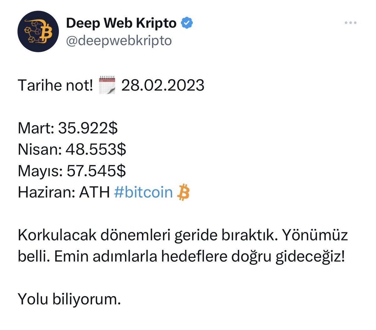 Mart ayının bitmesine son 2 gün kaldı. Henüz Mart ayına girmeden 4 aylık bir  hedef belirtmiştik.

48 saat içerisinde 35 bin dolar seviyesi her ne kadar biraz imkansız olsada hedefe yaklaştık sayılır.

O zaman şöyle diyoruz: $BTC eğer 48 saat içerisinde 30.000$ seviyesine