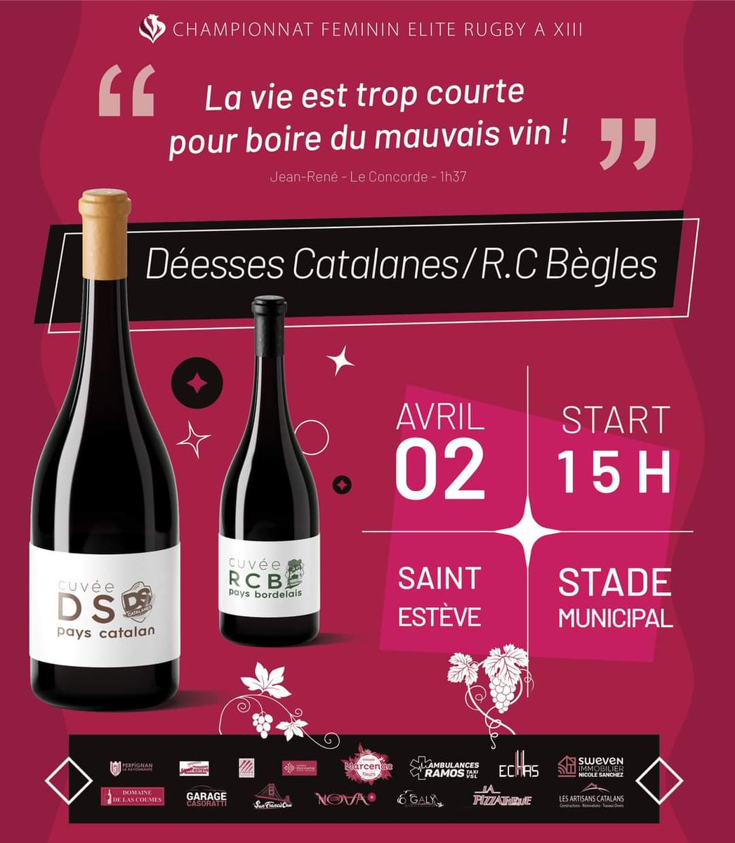 Amies béglo-bordelaises, bienvenue au Pays du vin !🍷🍷

 Déesses Catalanes ⚡ R.C.Bègles XIII 
🏟️ Dimanche 2 avril - 15h - Stade municipal Saint-Estève
