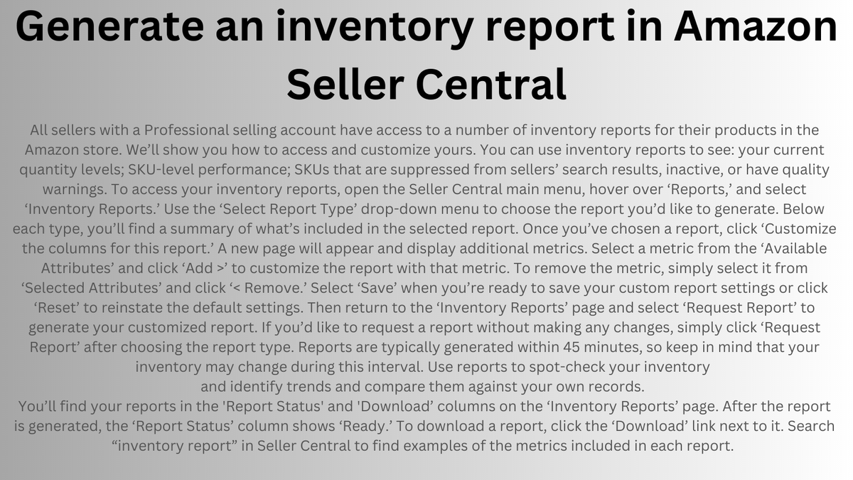 How to Generate an inventory report in Amazon Seller Central?
#brand #sales #amazon #like #learning #video #amazonfba #amazonfbaseller #amazonfbaexpert #issues #linkedinforbusiness #linkedingrowth #brandbuilding #increasesales #outofthebox #twitteramazon #brand #sales #amazon