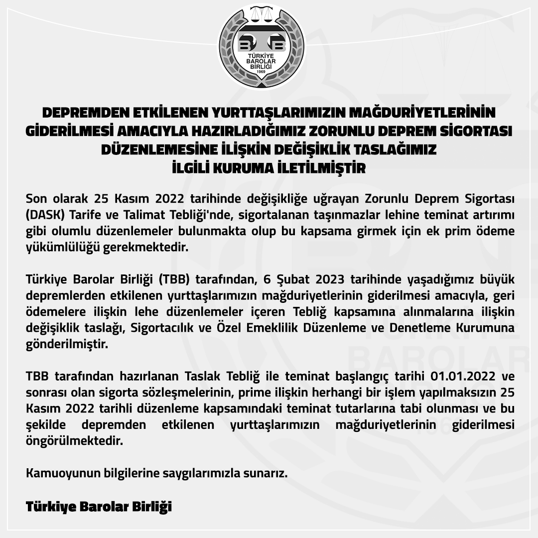 barolar's tweet photo. Depremden Etkilenen Yurttaşlarımızın Mağduriyetlerinin Giderilmesi Amacıyla Hazırladığımız Zorunlu Deprem Sigortası Düzenlemesine İlişkin Değişiklik Taslağımız İlgili Kuruma İletilmiştir

👉 https://t.co/J3W9XJXovB https://t.co/ftNYx3AKg1