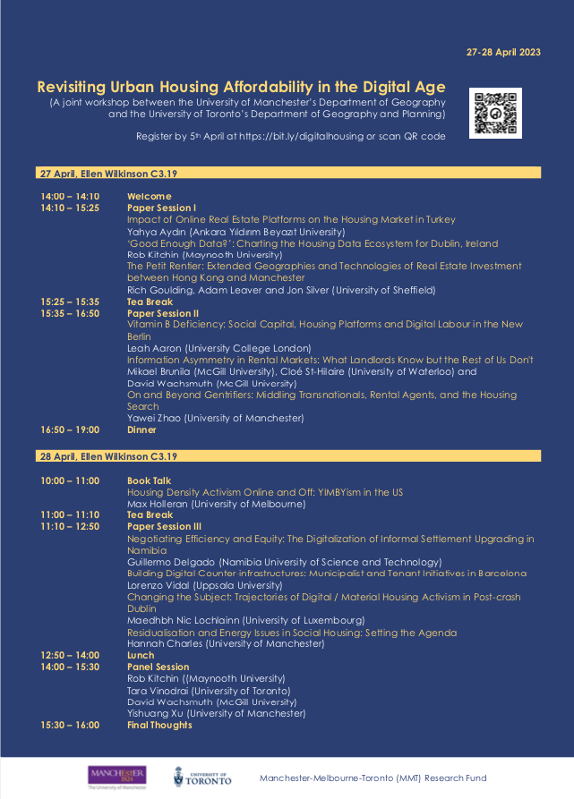 On 27-28 April we organize a hybrid workshop on housing affordability with a brilliant lineup of speakers @dwachsmuth @InvisibleMapper @RobKitchin @closthilaire and more! All times are in BST. Reg info in the poster. Deadline is for in-person attendance only. Please circulate!