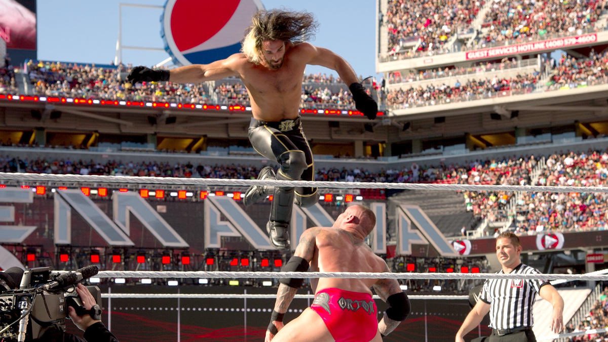 WrestleFeatures's tweet photo. 8 years ago today, WWE presented #WrestleMania  31:

- Bryan winning the IC Title 💪
- Cena winning the US Title 🇺🇸
- Sting’s WWE debut match 🦂
- Last ever PPV match for AJ Lee 😭
- Greatest RKO ever 🐐
- Rollins winning the WWE Title 🌎

An unbelievable Mania event 🔥🔥🔥 https://t.co/zlbQpYZSeD