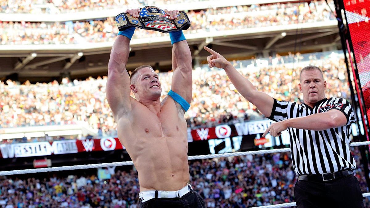 WrestleFeatures's tweet photo. 8 years ago today, WWE presented #WrestleMania  31:

- Bryan winning the IC Title 💪
- Cena winning the US Title 🇺🇸
- Sting’s WWE debut match 🦂
- Last ever PPV match for AJ Lee 😭
- Greatest RKO ever 🐐
- Rollins winning the WWE Title 🌎

An unbelievable Mania event 🔥🔥🔥 https://t.co/zlbQpYZSeD