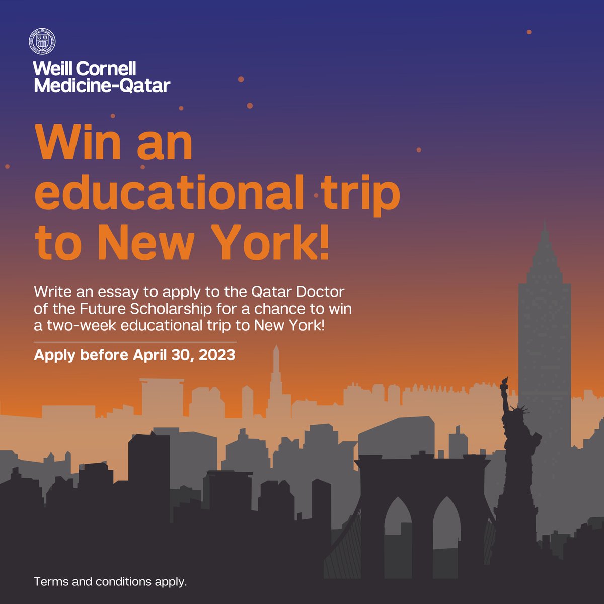 WCMQOutreach's tweet photo. Calling all Qatari high school students! Apply for the Healing Hands Essay Competition for a chance to win a two-week educational trip to New York! 
Apply here: https://t.co/WcfSNkmrcU Before April 30, 2023
#qatar #doha #medicine @WCMQatar #highschool #highschoolstudent https://t.co/ODHPjrb8Y1