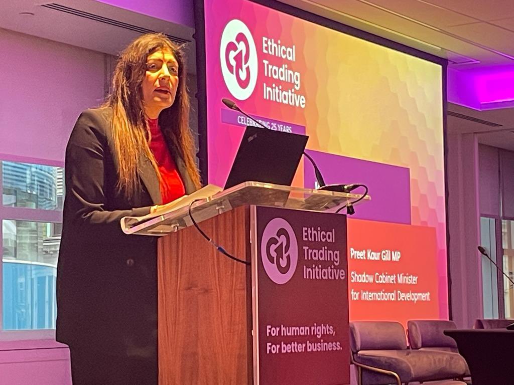 ethicaltrade's tweet photo. In her keynote, @PreetKGillMP highlights a number of #bizhumanrights facing society &amp; biz today, emphasising that ETI’s tripartite  approach is exactly the model we should aspire to in addressing them. #modernslavery #transparency #climate #genderequality https://t.co/smVhS5ZxbE