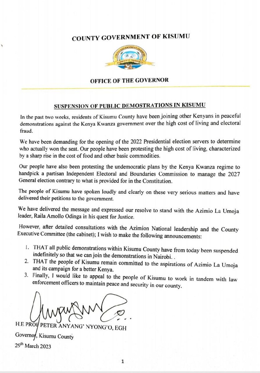 Senator.Prof. Tom Ojienda SC (@profojiendatom) on Twitter photo Our position has always been that these demonstrations are not sustainable. Thank you Governor <a href="/AnyangNyongo/">Gov. Anyang' Nyong'o</a> for seeing the light. <a href="/JalangoMwenyewe/">JALANG'O</a> <a href="/RailaOdinga/">Raila Odinga</a> <a href="/WilliamsRuto/">William Samoei Ruto, PhD</a> <a href="/orengo_james/">James Orengo</a> <a href="/OAmollo/">Otiende Amollo, SC,MP, EBS</a> <a href="/ahmednasirlaw/">Ahmednasir Abdullahi SC</a> Our position has always been that these demonstrations are not sustainable. Thank you Governor <a href="/AnyangNyongo/">Gov. Anyang' Nyong'o</a> for seeing the light. <a href="/JalangoMwenyewe/">JALANG'O</a> <a href="/RailaOdinga/">Raila Odinga</a> <a href="/WilliamsRuto/">William Samoei Ruto, PhD</a> <a href="/orengo_james/">James Orengo</a> <a href="/OAmollo/">Otiende Amollo, SC,MP, EBS</a> <a href="/ahmednasirlaw/">Ahmednasir Abdullahi SC</a>