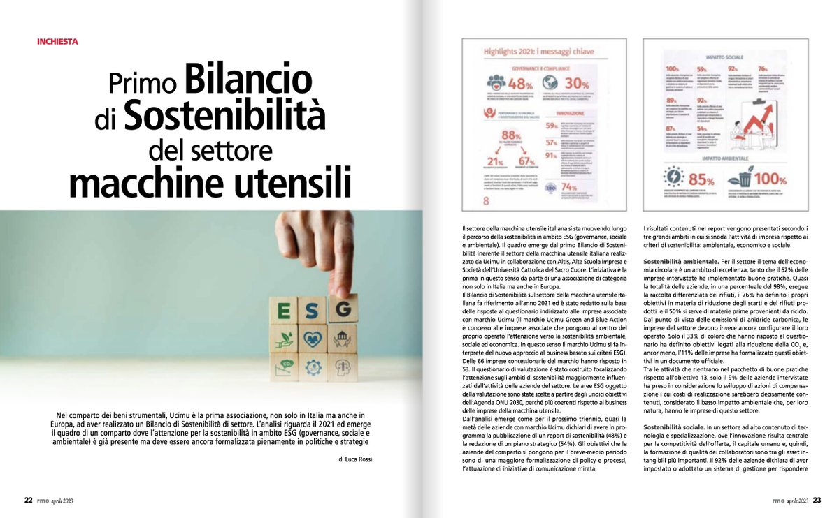 meccanica_plus's tweet photo. #Ucimu è la prima associazione nel comparto dei #benistrumentali a elaborare un Bilancio della #Sostenibilità del settore #macchineutensili. Tutti i principali indicatori #ESG dell’indagine nell’articolo su #RMO di aprile.
@UCIMU @ALTIS_Unicatt
https://t.co/YvO6n3qcjB https://t.co/PqqFiNF7Jd
