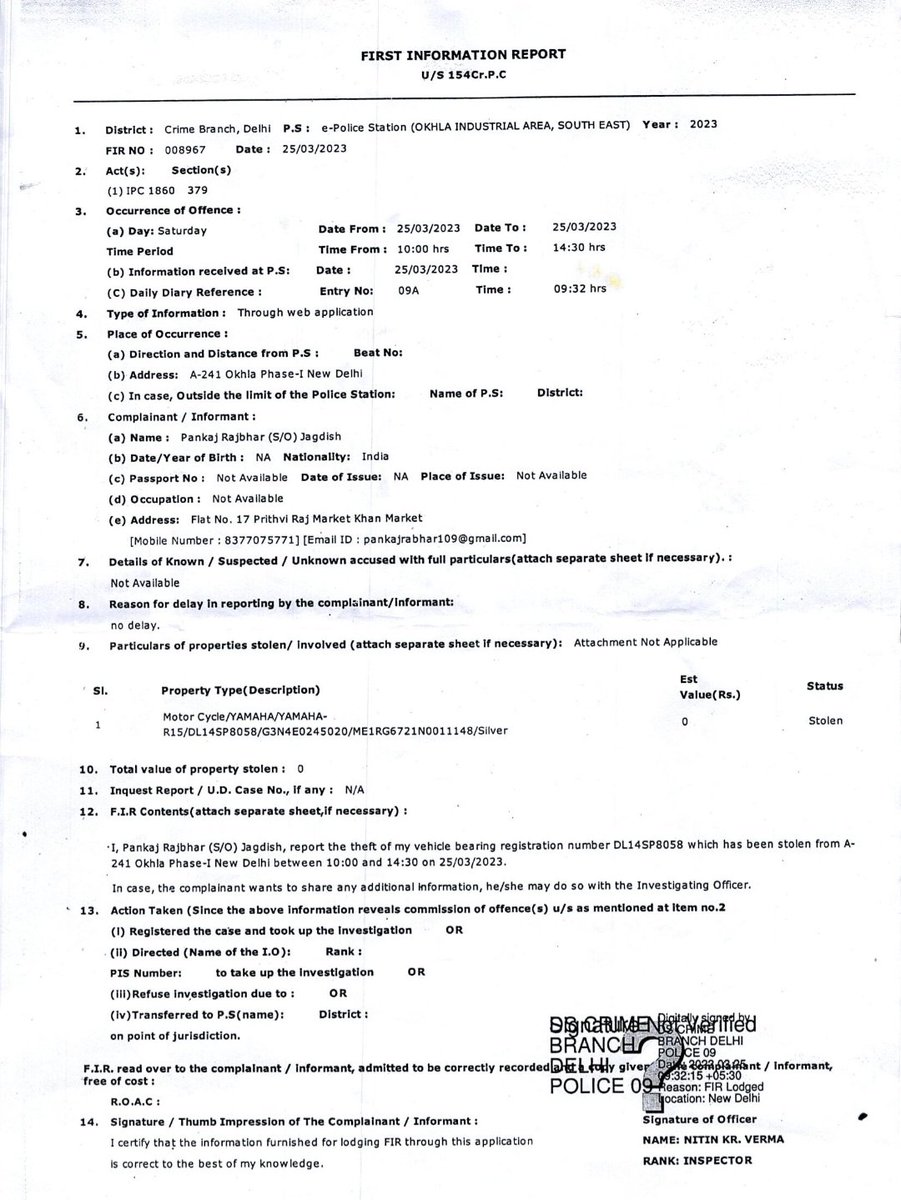 pankajrajbhar14's tweet photo. My bike Yamaha R15M (DL14SP8058)was stolen from A241 Okhla Ph 1 on 25th March, FIR lodged, CCTV footage shared at Okhla PS..but no action so far. @dtptraffic
@DelhiPolice @CMODelhi can I have hope if any ? https://t.co/6W6JxcHyeZ