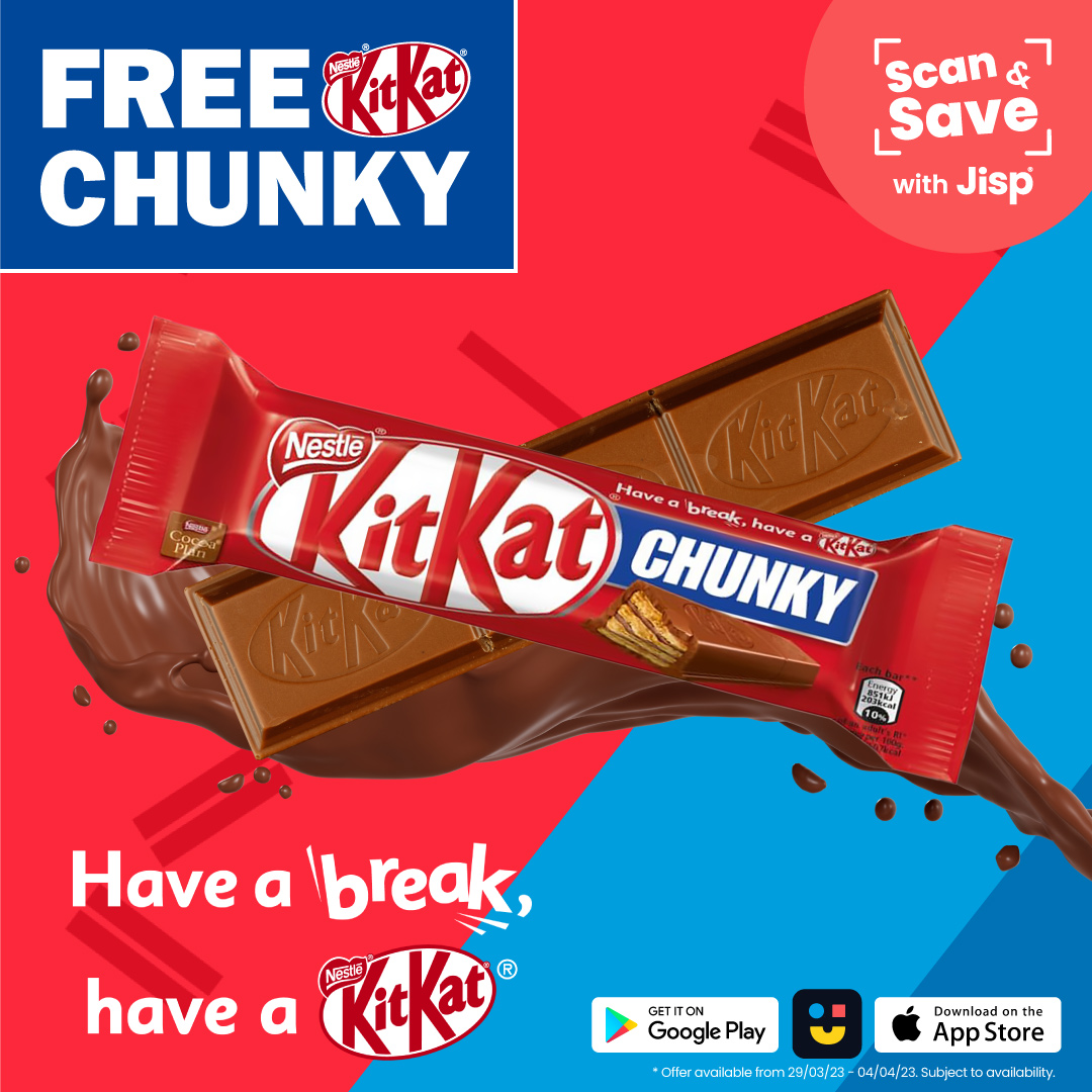 NisaSalisbury's tweet image. It's time for a new round of amazing @jispapp vouchers, and that means a brilliant new #FREEBIE! This week's freebie is a #KitKatChunky, available for this week only! Be sure to download the #JispScanAndSave app to unlock this and many more deals today!